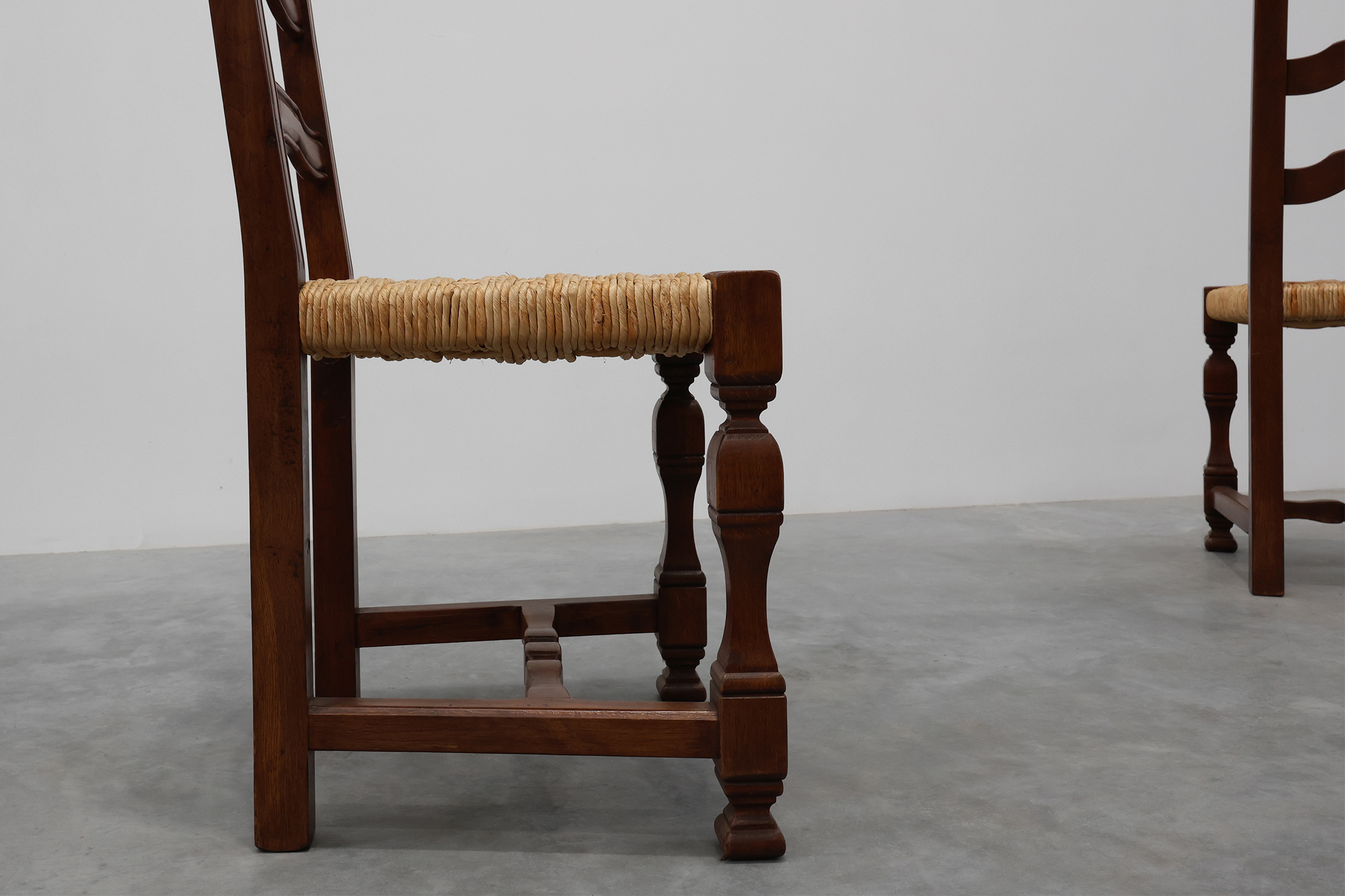 Set of 8 Brutalist Mid-Century Chairs in Wood and Wicker, Belgium ca. 1970thumbnail